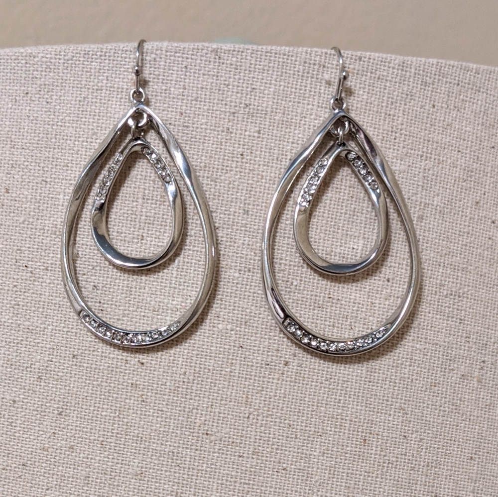 Silver Tone Drop Earrings w/ Rhinestones